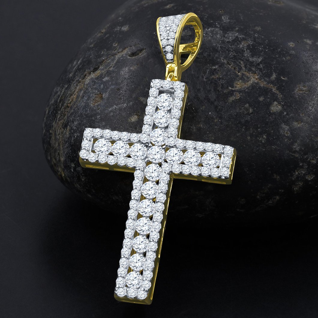 Channel Set Center Cross CZ Iced Out Pendant .925 Sterling Silver Yellow Gold HipHopBling