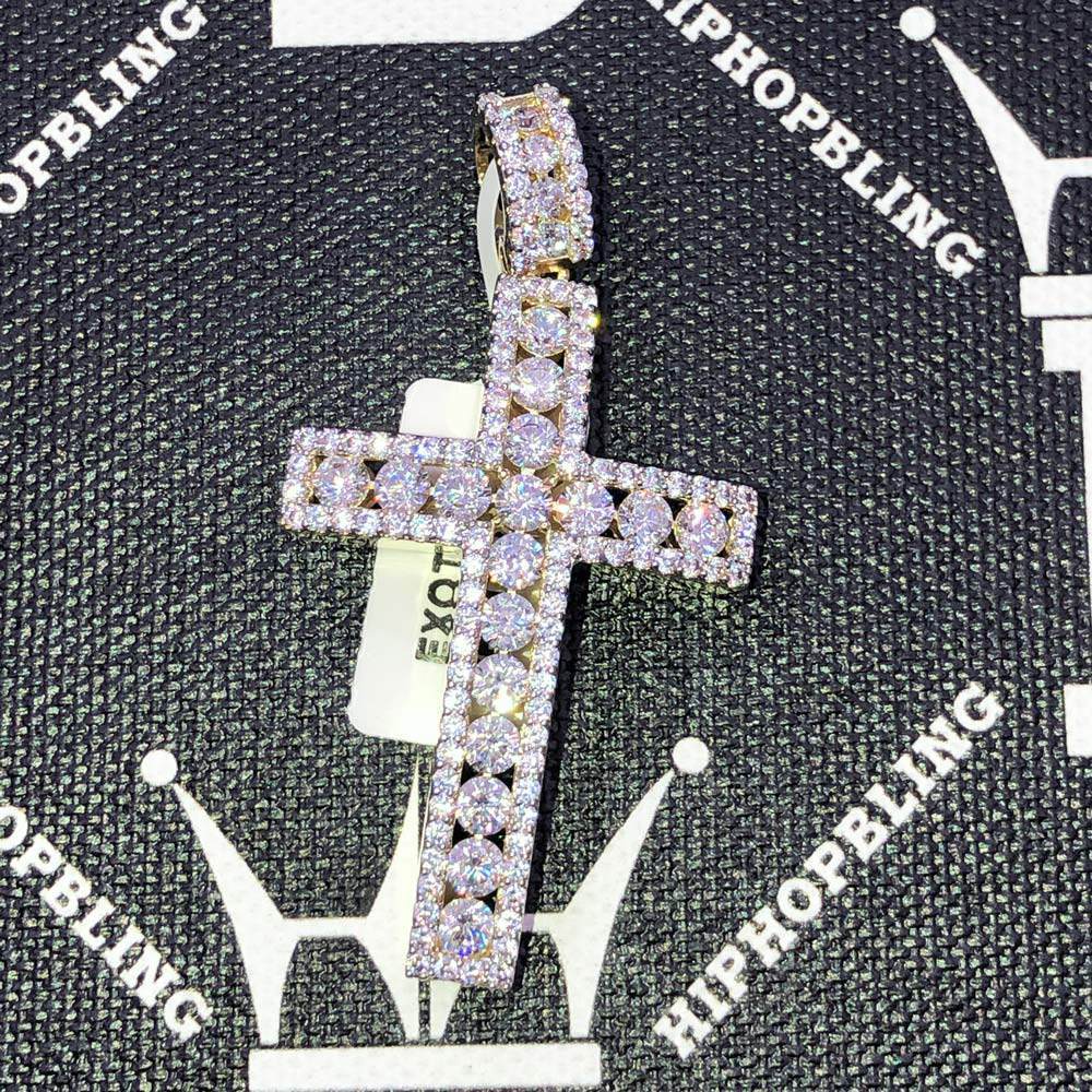 Channel Set Cross CZ Hip Hop Bling Bling Pendant Yellow Gold HipHopBling
