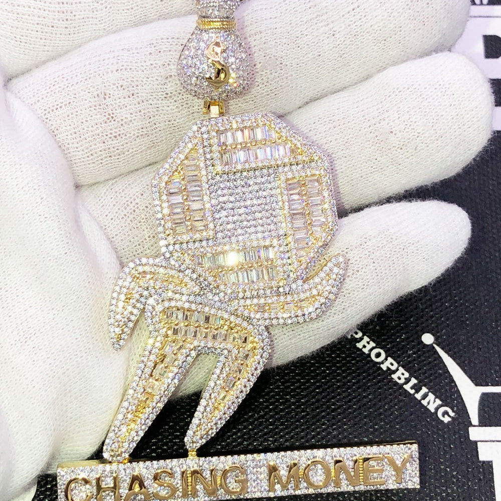 Chasing Money Baguette CZ Hip Hop Iced Out Pendant Yellow Gold HipHopBling
