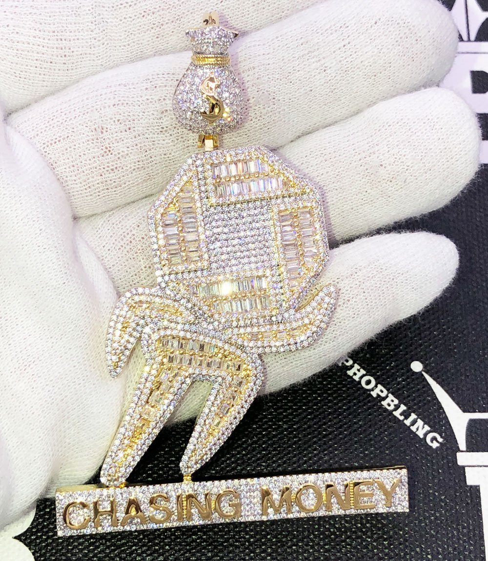 Chasing Money Baguette CZ Hip Hop Iced Out Pendant Yellow Gold HipHopBling