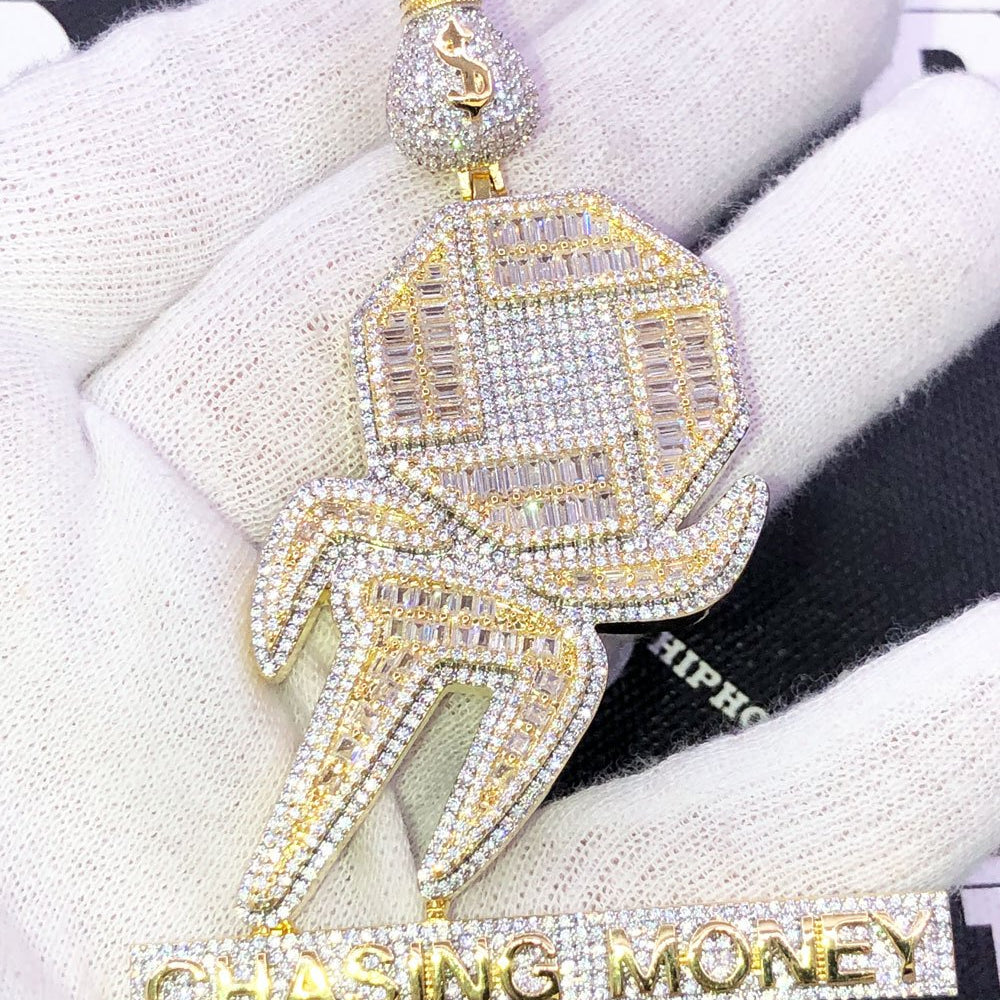 Chasing Money Baguette CZ Hip Hop Iced Out Pendant Yellow Gold HipHopBling