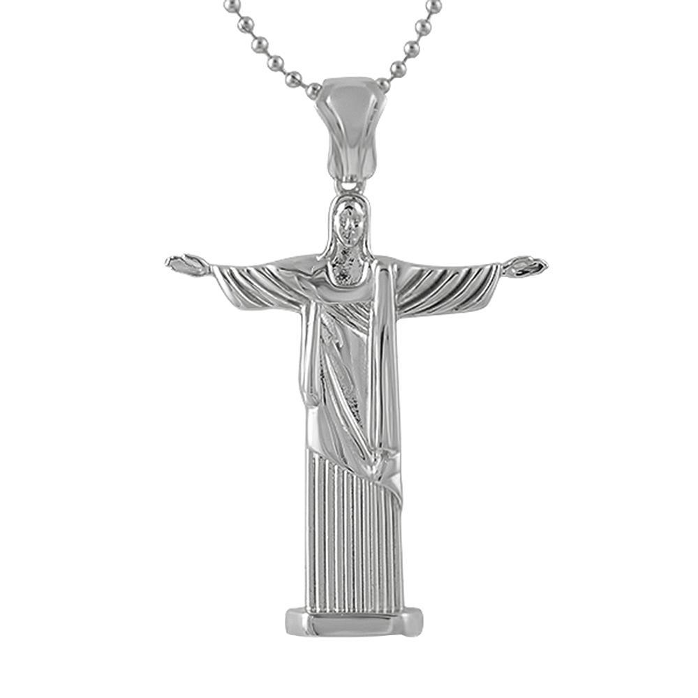 Christ the Redeemer Large Rhodium Pendant HipHopBling