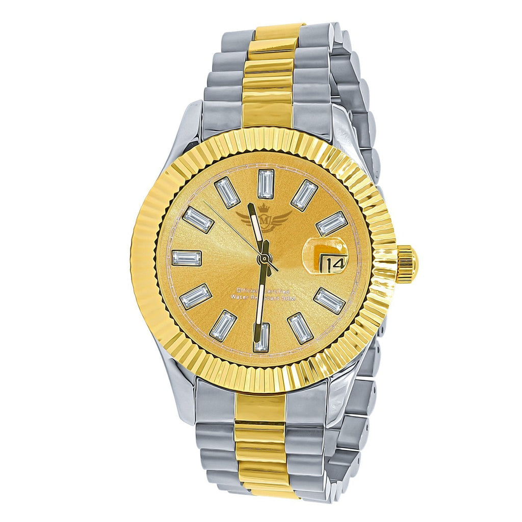 Clean 41MM CZ Baguette Hours Date Watch 2-Tone Gold Dial HipHopBling