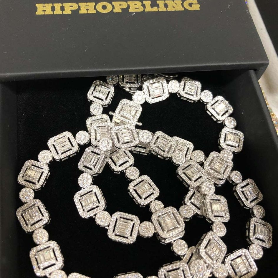 Cluster Baguette Moissanite Iced Out Chain .925 Sterling Silver 18" HipHopBling