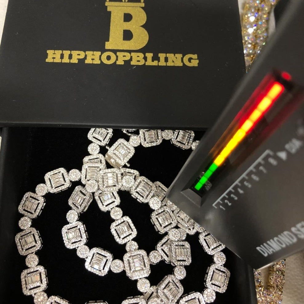 Cluster Baguette Moissanite Iced Out Chain .925 Sterling Silver 18" HipHopBling