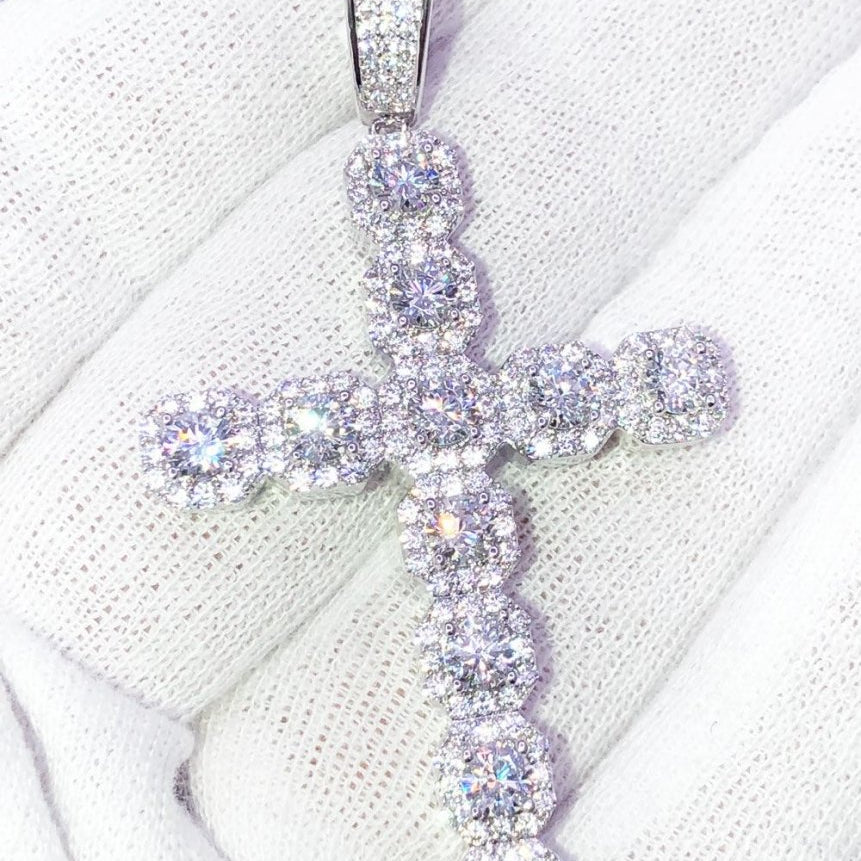 Cluster Cross VVS CZ Hip Hop Iced Out Pendant White Gold HipHopBling