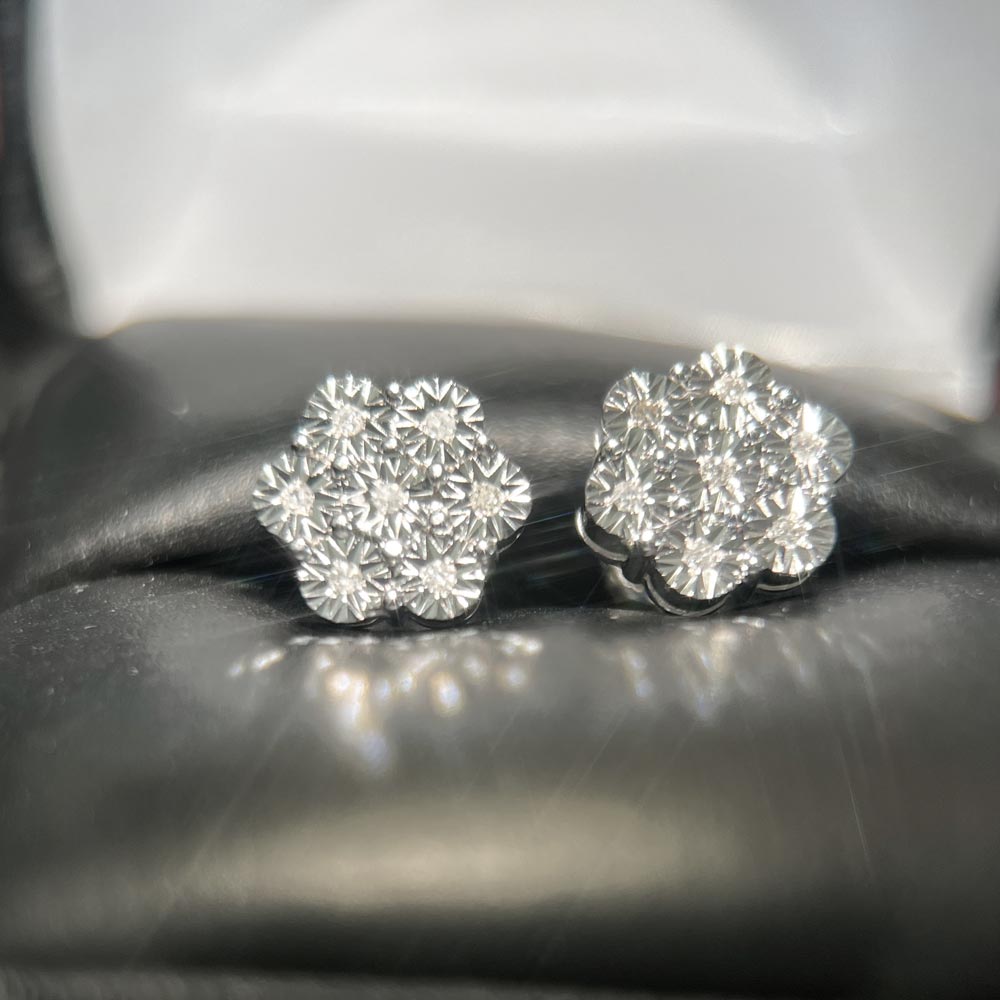 Cluster Miracle Diamond Stud Earrings .925 Sterling Silver White Gold HipHopBling