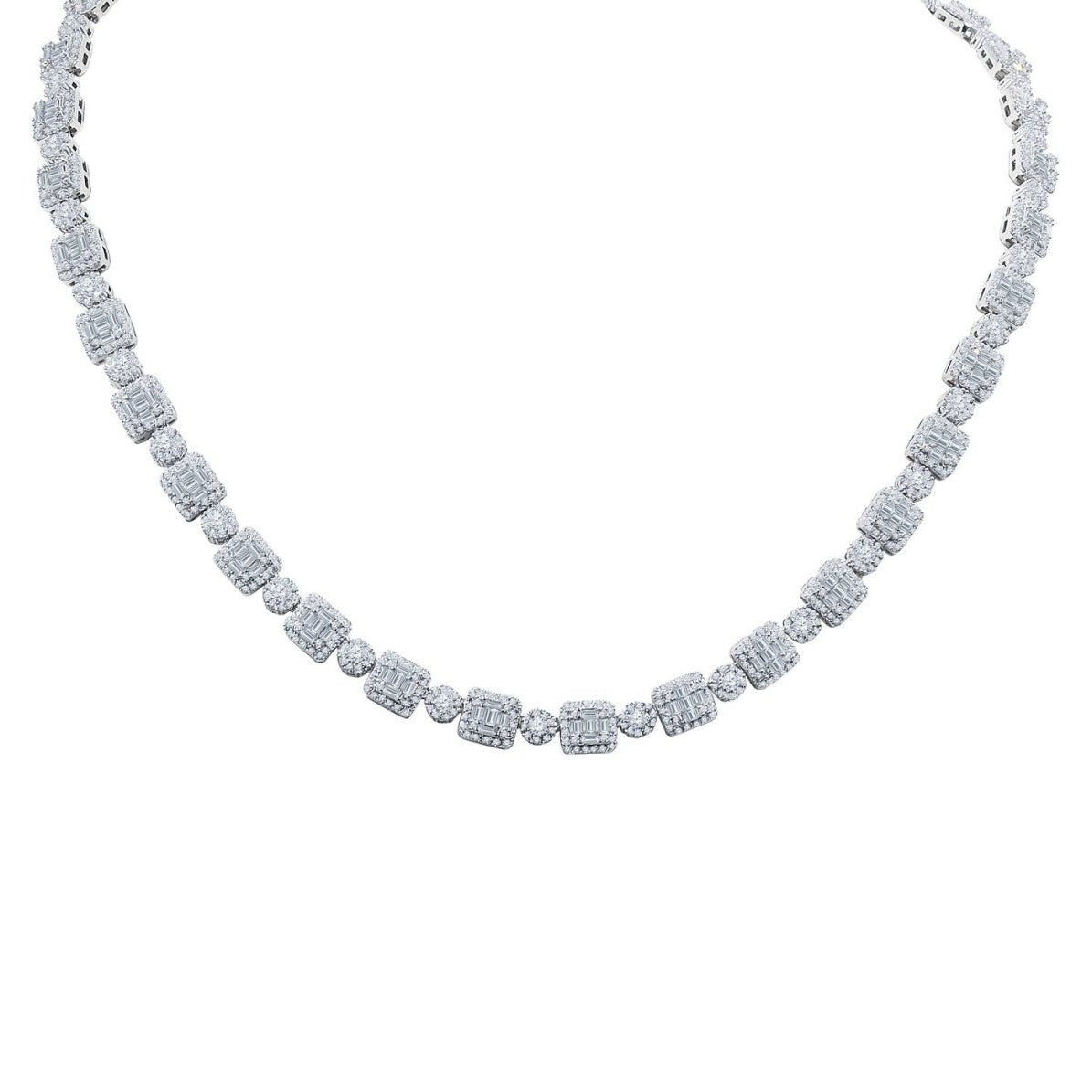 Cluster Round & Square CZ Iced Out Chain .925 Sterling Silver 20" HipHopBling