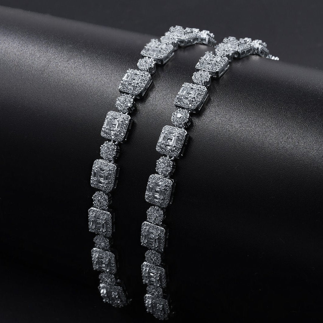 Cluster Round & Square CZ Iced Out Chain .925 Sterling Silver 20" HipHopBling