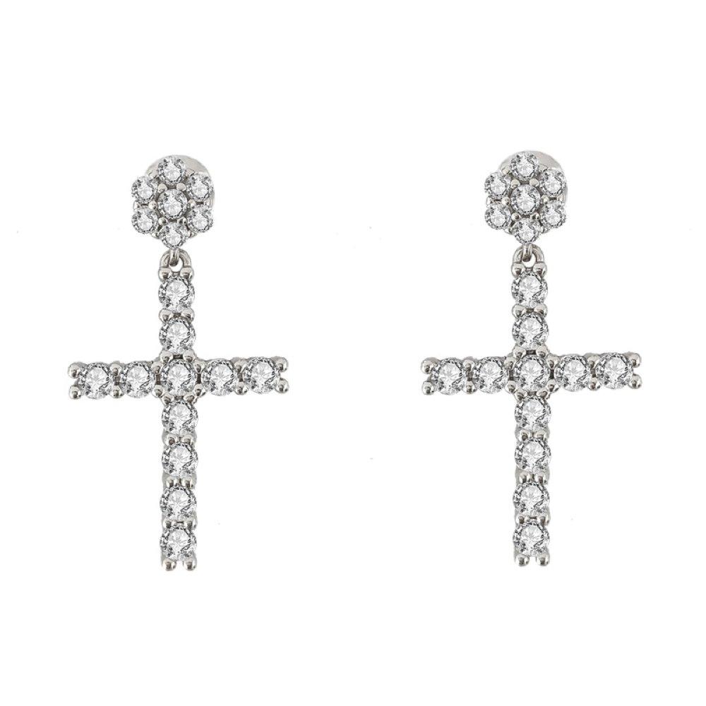 Cluster Stud Dangling Tennis Cross VVS Moissanite Earrings .925 Sterling Silver White Gold HipHopBling