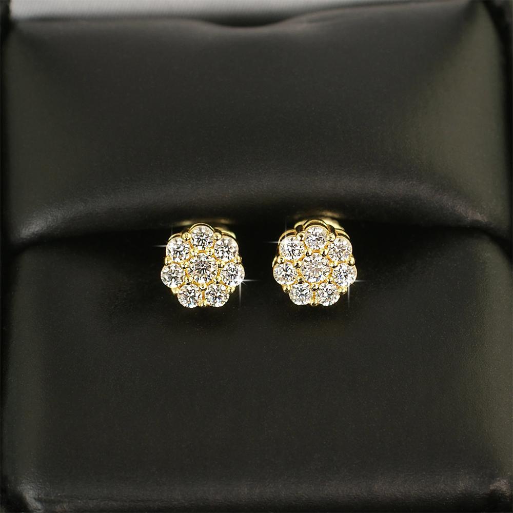 Cluster VVS Moissanite Earrings .925 Sterling Silver Yellow Gold 7MM (.54cttw) HipHopBling