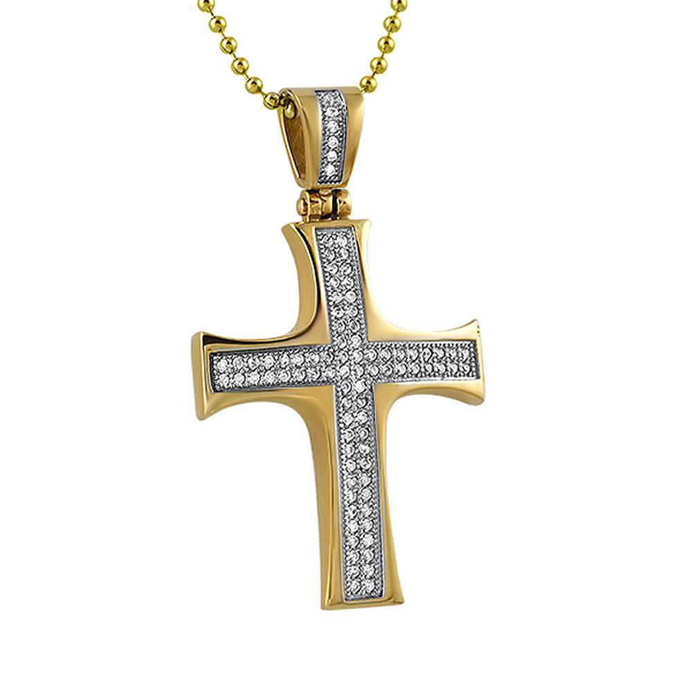 Convex Gold Stainless Steel Mini CZ Cross Pendant Only HipHopBling