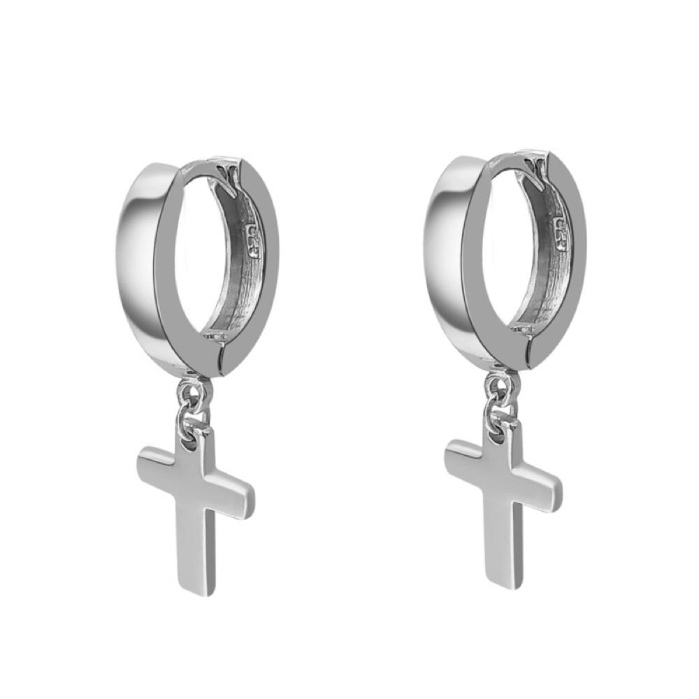 Cross Dangling Huggie Hoop Earrings .925 Silver White Gold HipHopBling