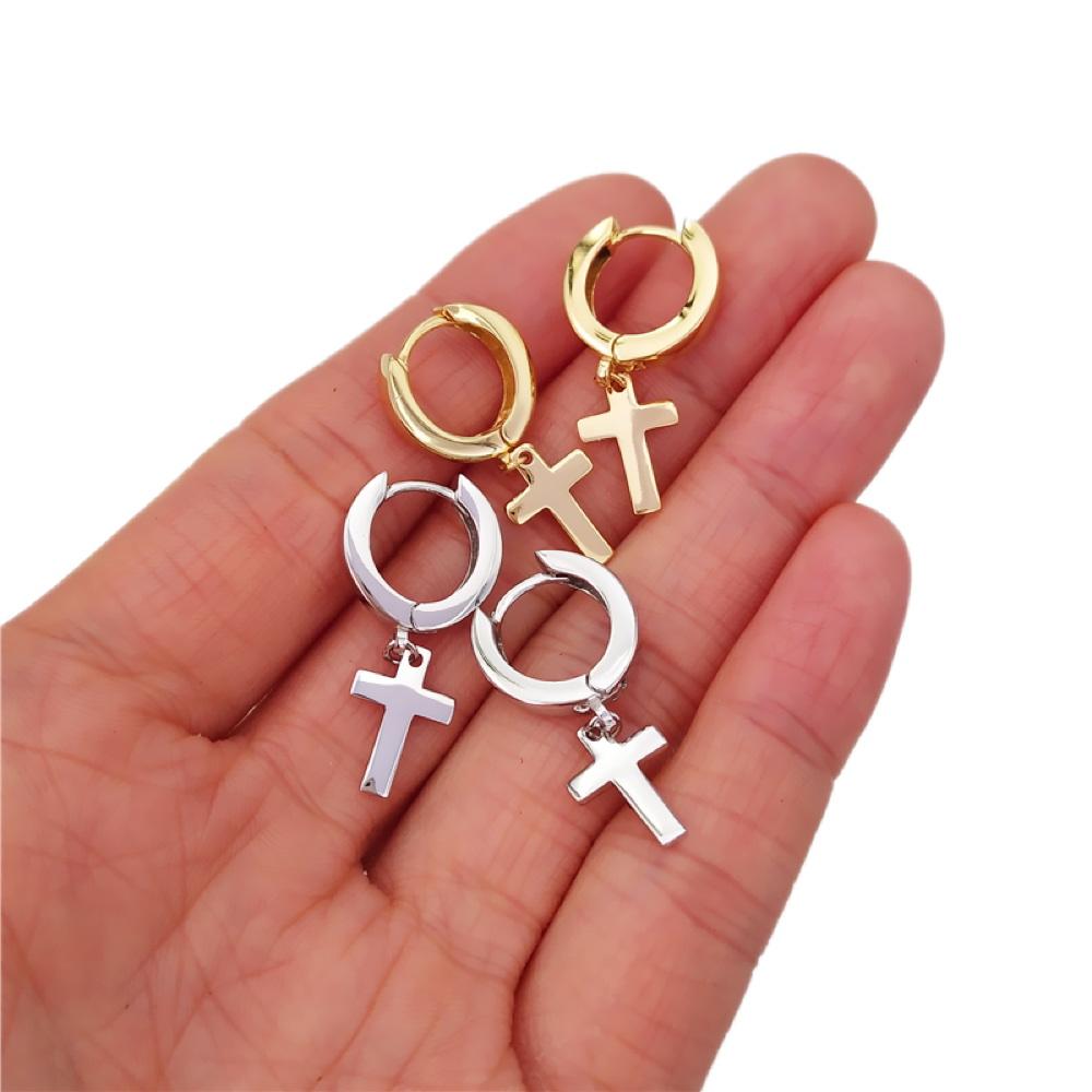 Cross Dangling Huggie Hoop Earrings .925 Silver White Gold HipHopBling