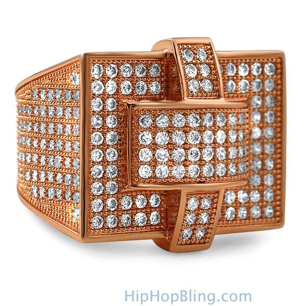 Cross Iced Out Rose Gold CZ Bling Bling Ring 7 HipHopBling