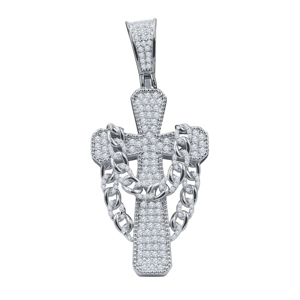 Cross w Cuban Link CZ Iced Out Pendant .925 Sterling Silver HipHopBling