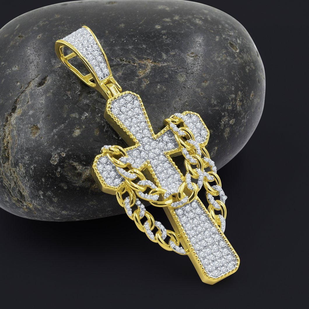 Cross w Cuban Link CZ Iced Out Pendant .925 Sterling Silver Yellow Gold HipHopBling