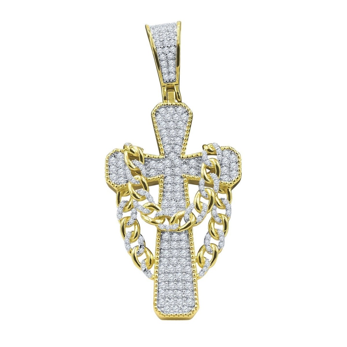 Cross w Cuban Link CZ Iced Out Pendant .925 Sterling Silver Yellow Gold HipHopBling