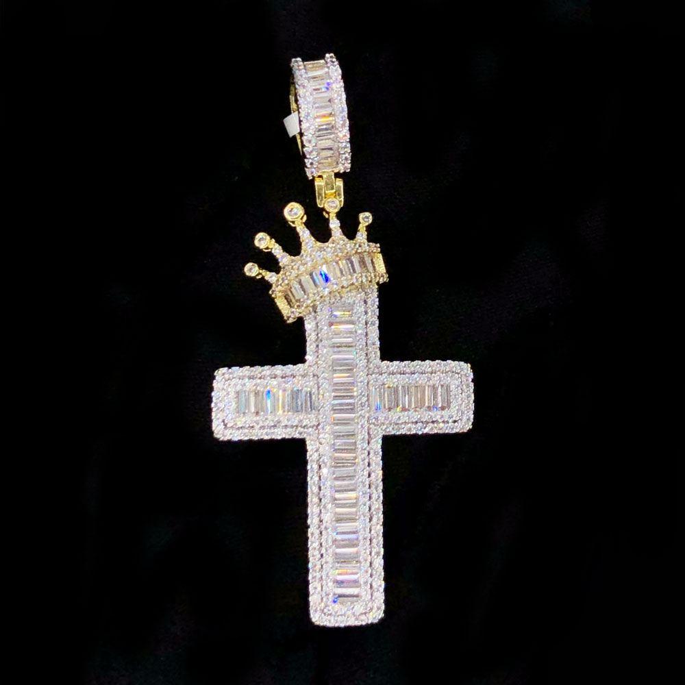 Crown Baguette Cross VVS CZ Hip Hop Bling Pendant Yellow Gold HipHopBling