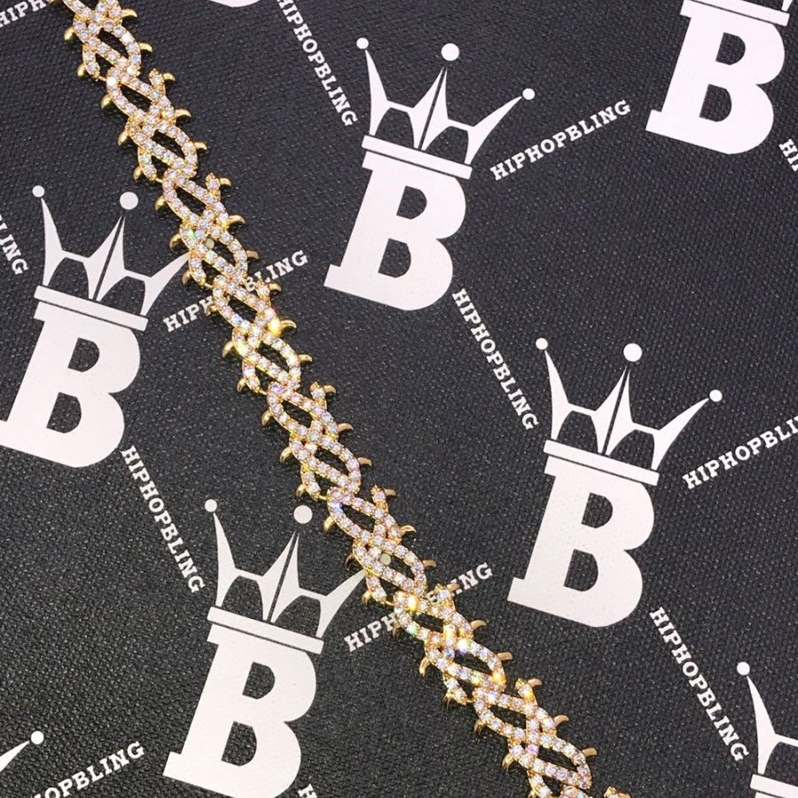 Crown of Thorns VVS CZ Iced Out Hip Hop Bracelet Yellow Gold 8" HipHopBling