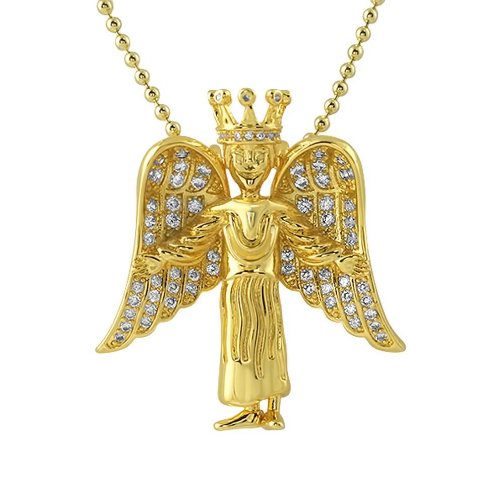 Crowned Angel Wings Mini CZ Gold Pendant HipHopBling
