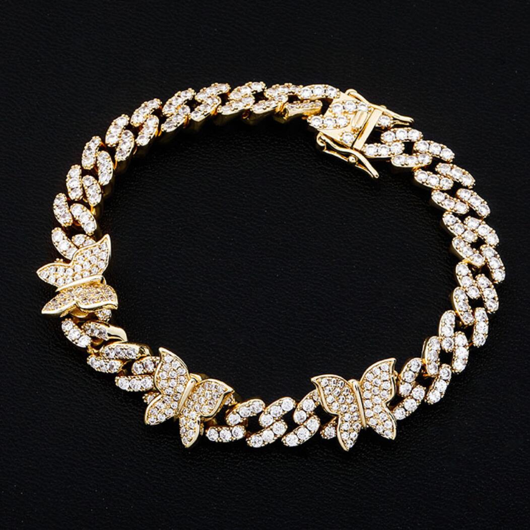 Cuban Link Butterfly Hip Hop Iced Out Bracelet White Gold 8" HipHopBling
