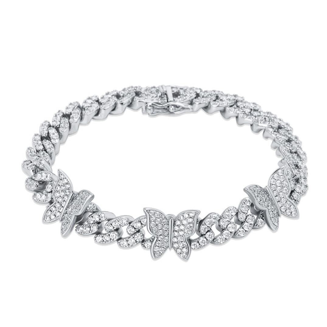Cuban Link Butterfly Hip Hop Iced Out Bracelet White Gold 8" HipHopBling