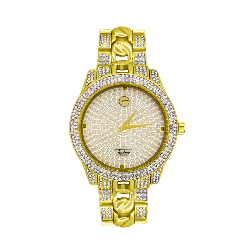 Cuban Link Pave Iced Out Bling Hip Hop Watch Yellow Gold HipHopBling