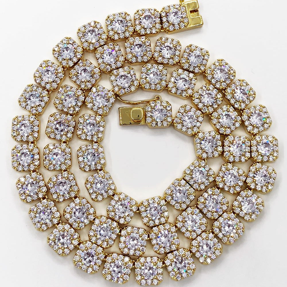 Cushion Cluster Bling Bling CZ Iced Out Chain Yellow Gold 18" HipHopBling