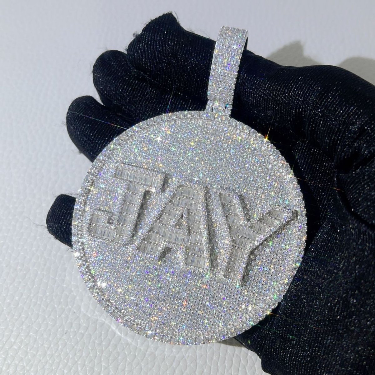 Custom 3 Baguette Letter Round VVS Moissanite Pendant 14K White Gold 3" Diameter HipHopBling