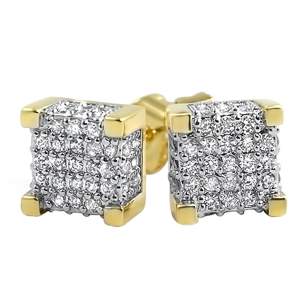 Custom 3D Cube VVS Moissanite Earrings .925 Sterling Silver Yellow Gold HipHopBling
