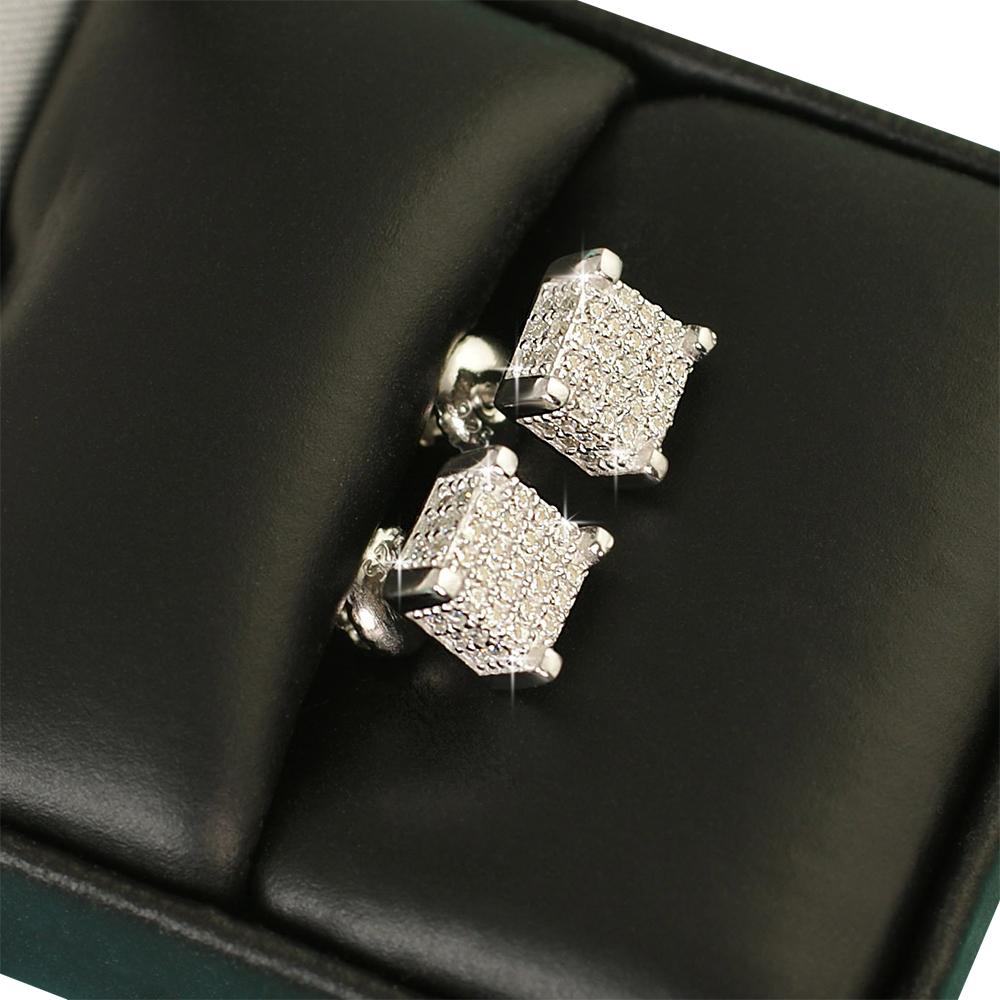 Custom 3D Cube VVS Moissanite Earrings .925 Sterling Silver Yellow Gold HipHopBling