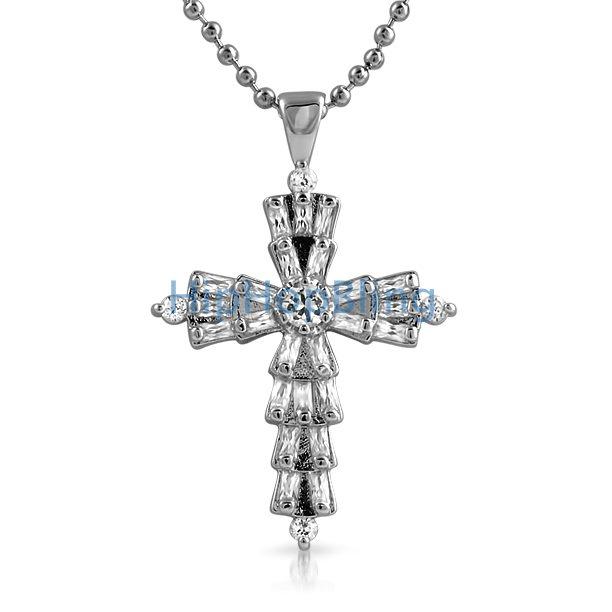 Custom Baguette Cross White CZ on Rhodium HipHopBling