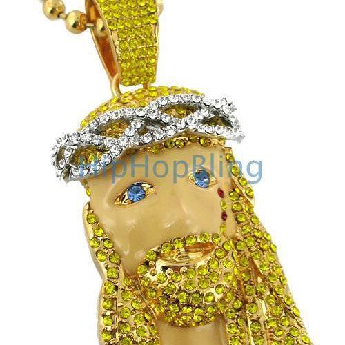 Custom Blonde Blue Eyes Gold Jesus Piece Kanye West Style FREE 36 Inch Bead Chain HipHopBling