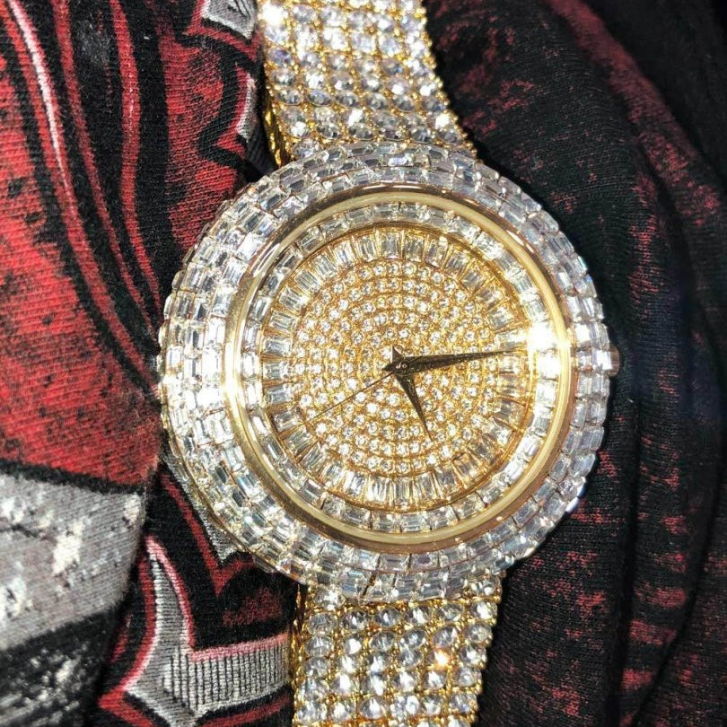 Custom Gold Iced Out Baguette Orbit 6 Row Watch 8" HipHopBling