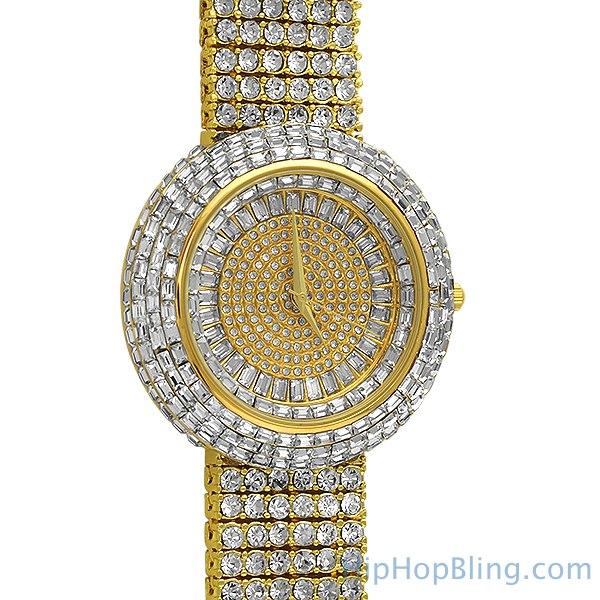 Custom Gold Iced Out Baguette Orbit 6 Row Watch HipHopBling