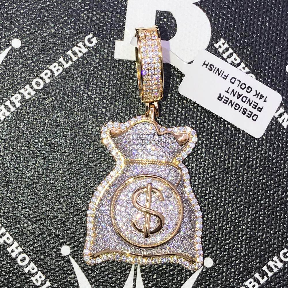Custom Money Bag $ CZ Hip Hop Bling Bling Pendant Yellow Gold HipHopBling