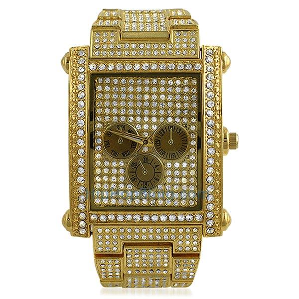 Custom Rectangle Gold Bling Bling Watch HipHopBling