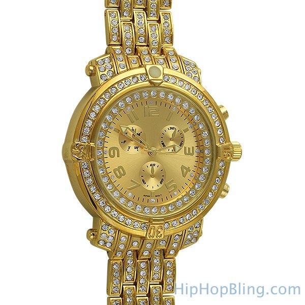 Custom Sport Bling Bling Chronograph Iced Out Watch Yellow Gold HipHopBling