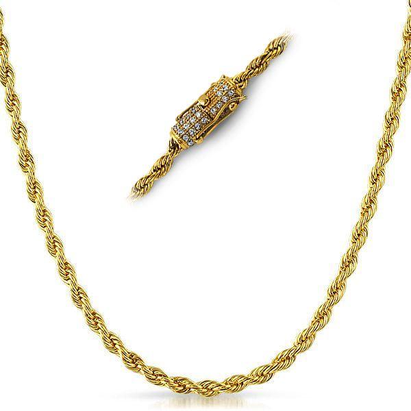 CZ Clasp Rope Gold Stainless Steel Chain 4MM 20" HipHopBling
