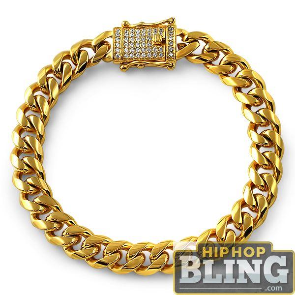 CZ Diamond Lock Gold Steel Cuban Bracelet 10MM HipHopBling