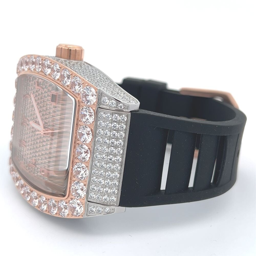CZ Emperor Rubber Strap Iced Out Watch 2 Tone White/Rose HipHopBling