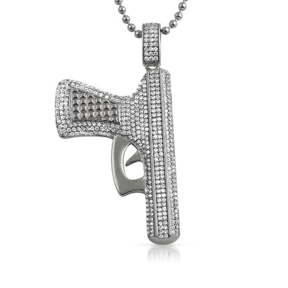 CZ Handgun Hip Hop Jewelry Pendant Rhodium HipHopBling