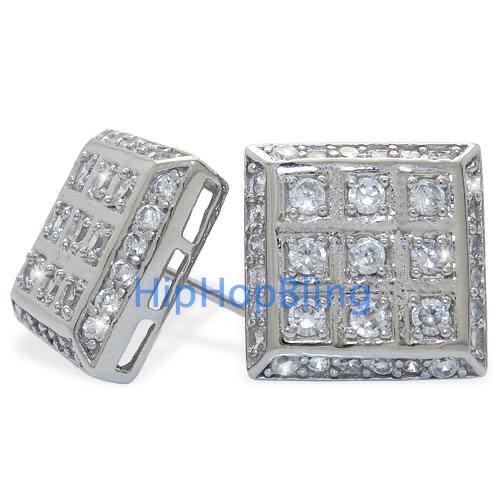 CZ Iced Out Large Box Sterling Silver Micro Pave Hip Hop Earrings HipHopBling