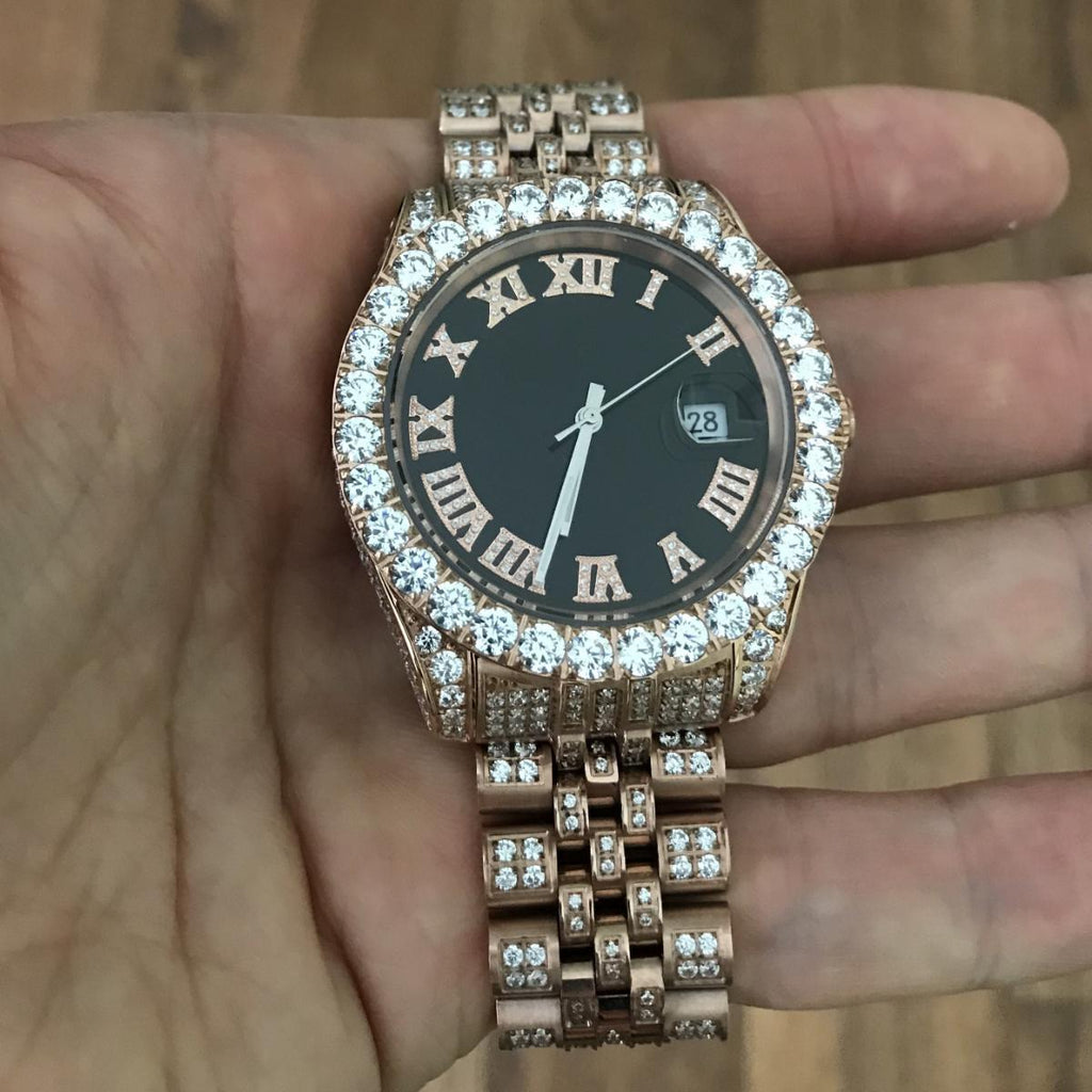 CZ Railroad Tracks 41MM Stainless Steel Micro Pave Watch Rose Gold HipHopBling