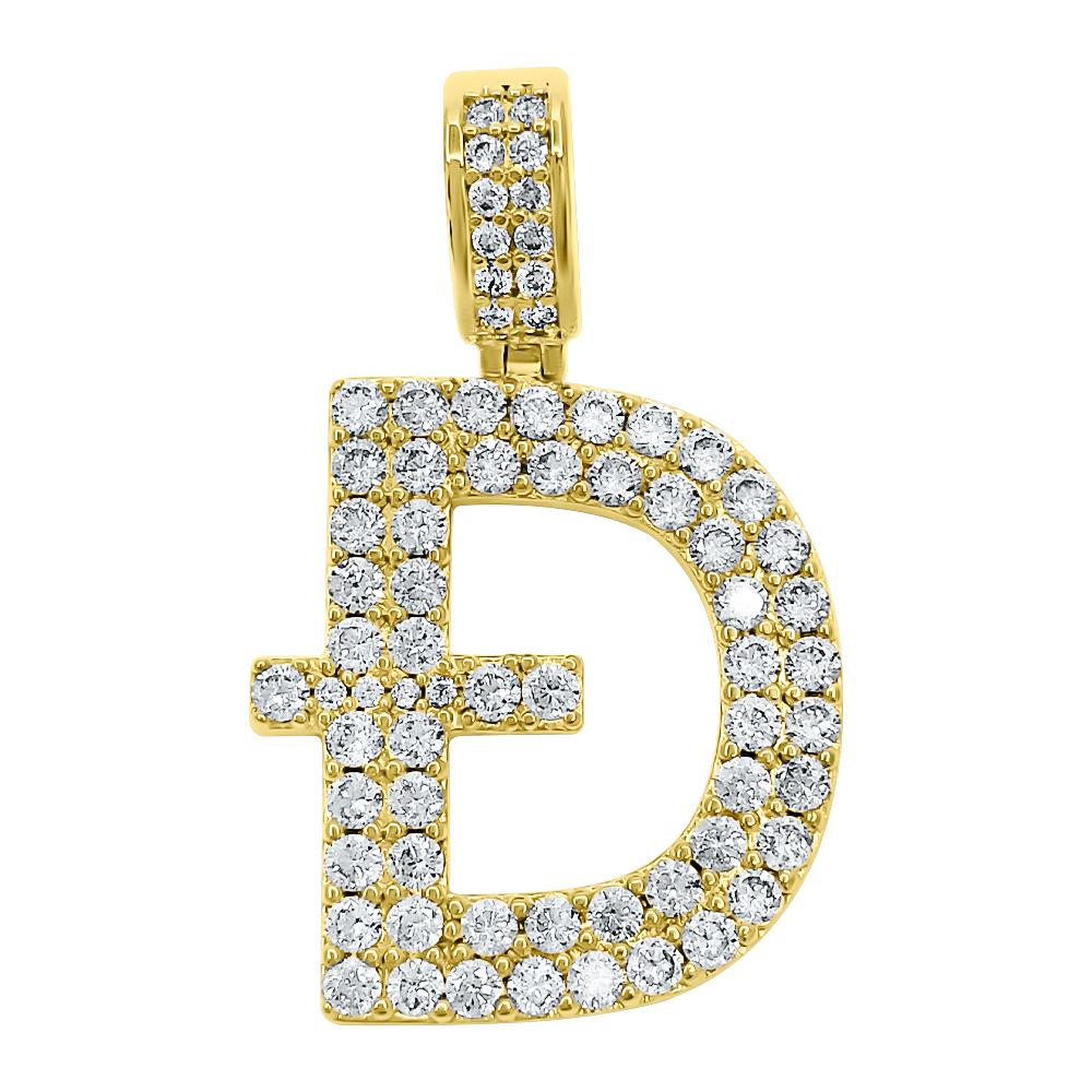 D Dogecoin Inspired Iced Out Pendant .925 Sterling Silver Yellow Gold HipHopBling