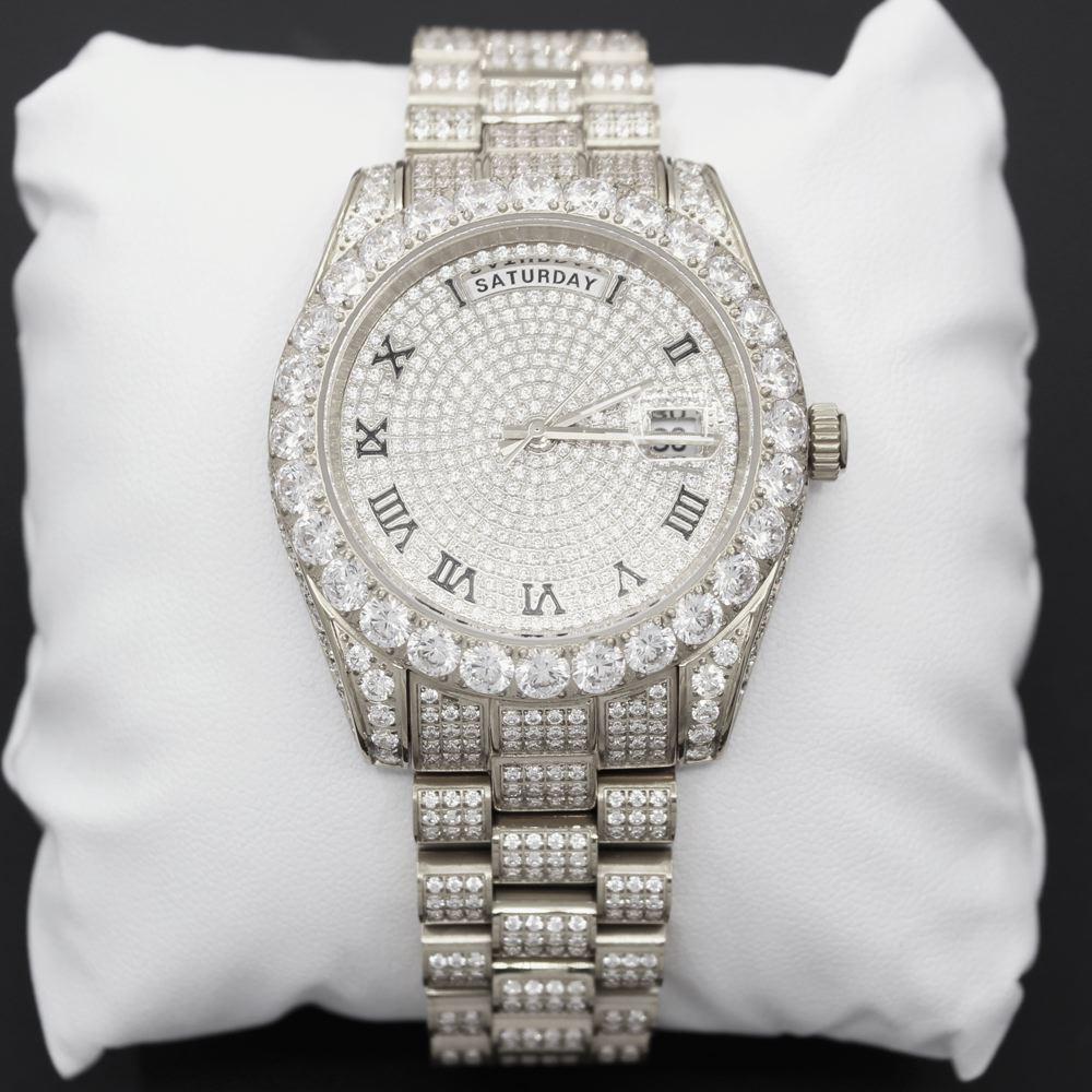 Date+Day Full CZ Big Bezel Bling Bling Dress Watch White Gold HipHopBling