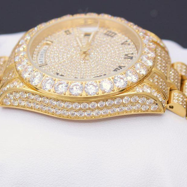 Date+Day Full CZ Big Bezel Bling Bling Dress Watch Yellow Gold HipHopBling