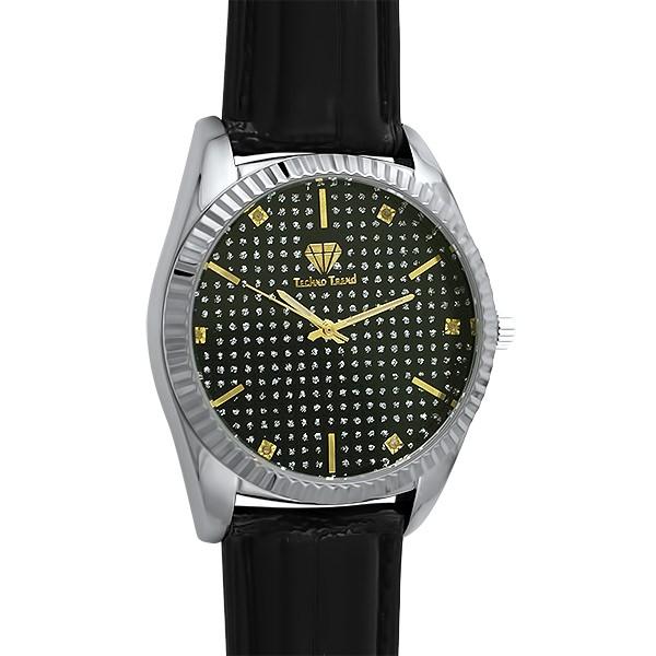 Diamond Dress Watch Silver Case Black Dial & Leather HipHopBling