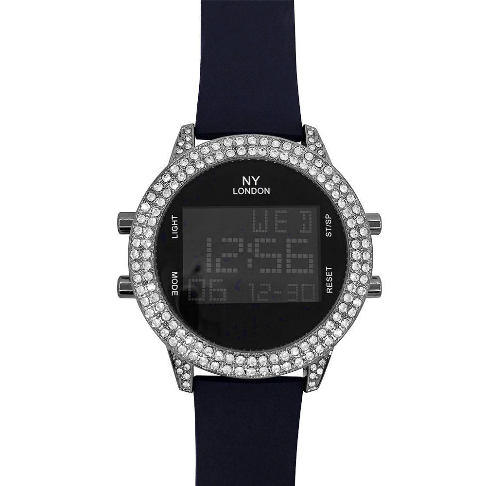 Digital Tech Iced Out Rubber Hip Hop Watch Black/Black HipHopBling